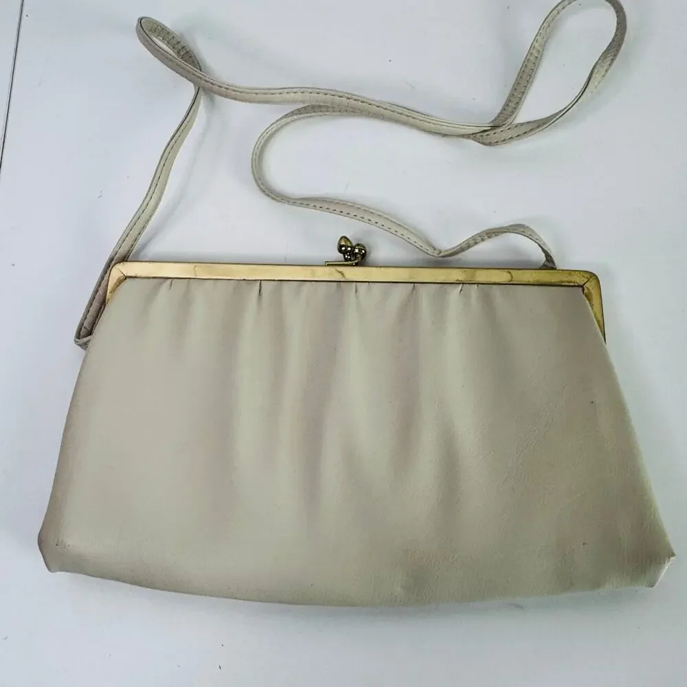 Vintage Andre Clasp Clutch Handbag Purse 1960s Cream Crossbody Gold  Leather